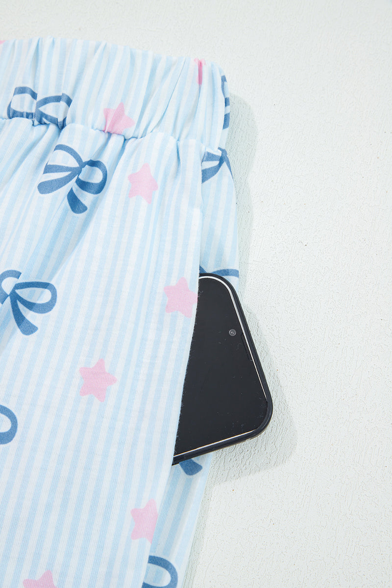 Stripe Bow Star Print Tied Detail 2pcs Lounge Set