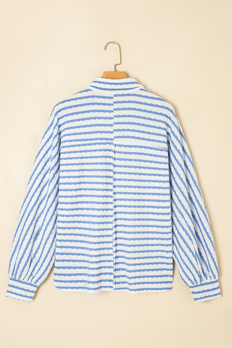 Stripe Half Button Collared Chest Pockets Loose Fit Blouse