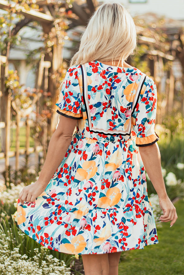 Floral Print Zipper Ruffled Short Sleeve High Waist Mini Dress