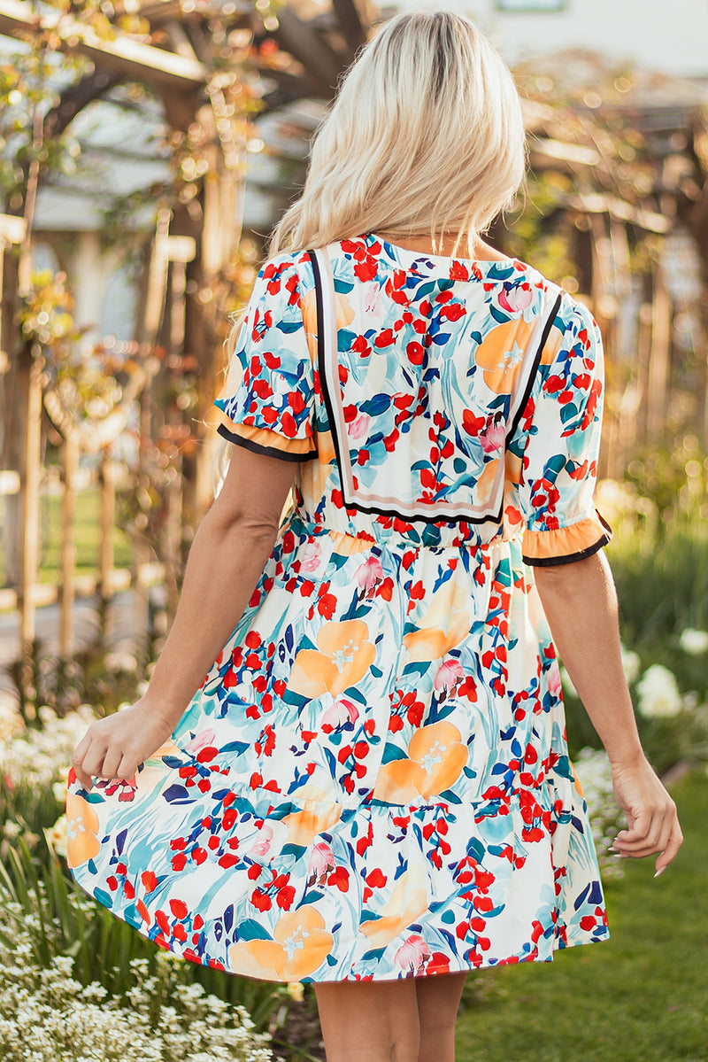 Floral Print Zipper Ruffled Short Sleeve High Waist Mini Dress