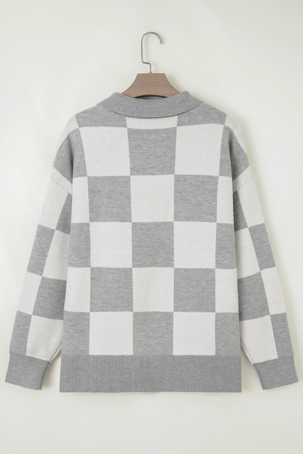 Plus Size Checkered Pattern Button Polo Collar Split Sweater