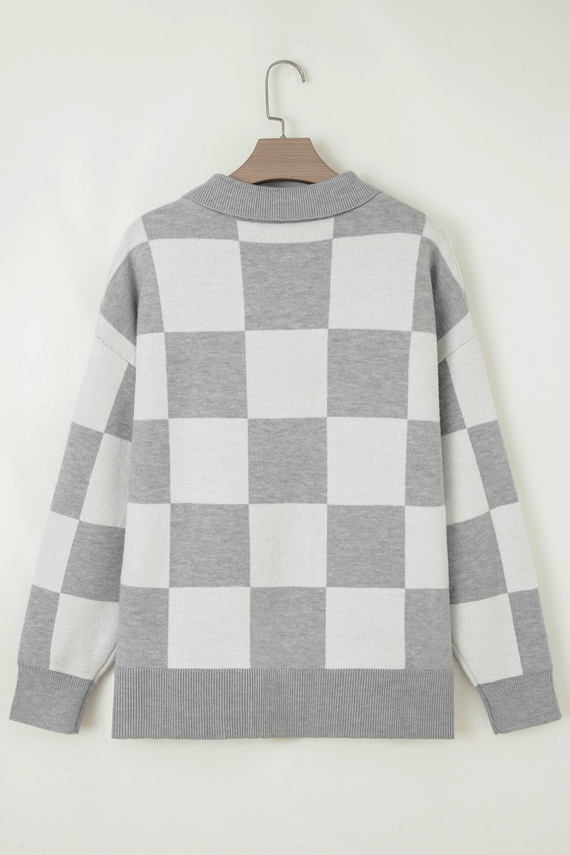 Plus Size Checkered Pattern Button Polo Collar Split Sweater