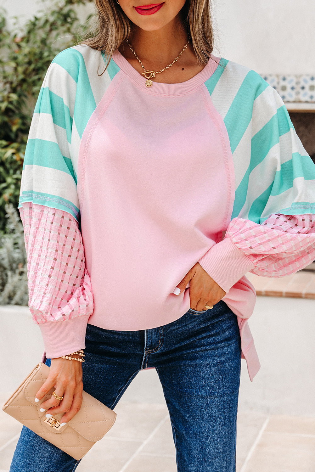 Striped Colorblock Patchwork Raglan Pullover Top with Slits