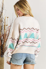 Striped Christmas Tree Ribbed Trim Drop Shoulder Sweater