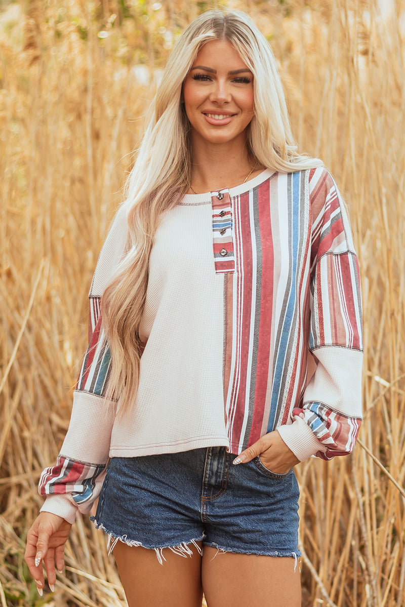 Striped Waffle Patchwork Exposed Seam Raw Edge Casual Knit Top