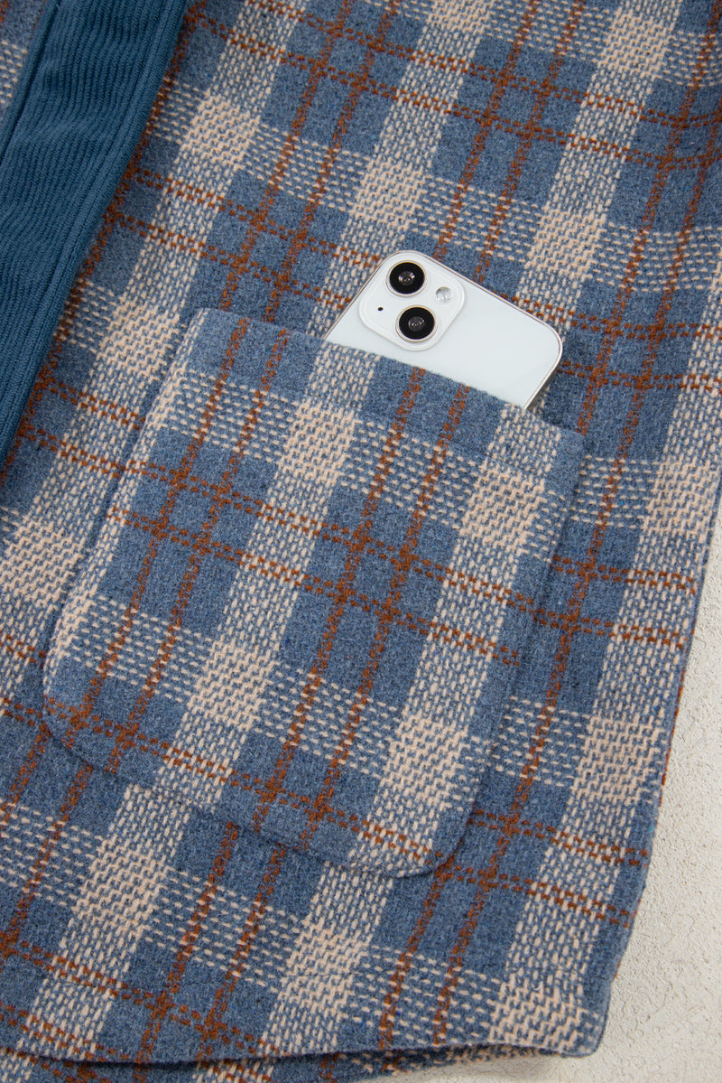 Plaid Corduroy Patchwork Collared Zip Up Snap Button Jacket