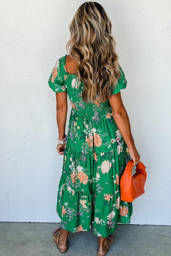 Floral Print Bubble Sleeve Smocked Tiered Midi Dress
