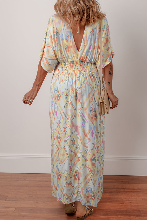 Geometric Print Half Sleeve Shirred High Waist Maxi Dress