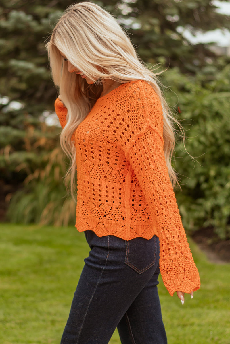 Orange Solid Color Open Crochet Scallop Edge Sweater