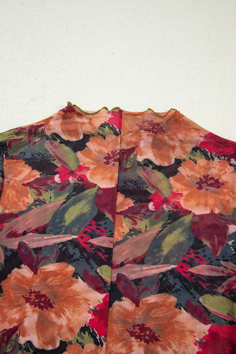 Multicolour Floral Print Lettuce Trim Long Sleeve Mesh Top