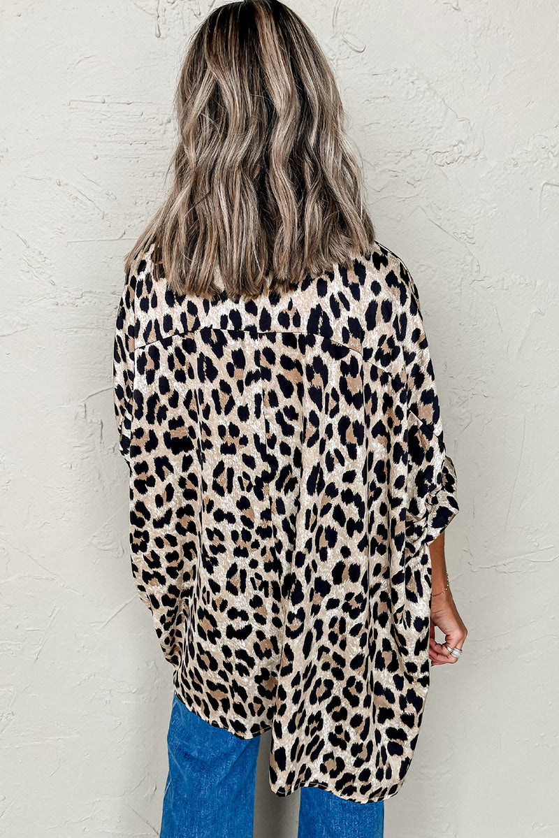 Beige Leopard Print Buttoned 3/4 Sleeve Loose Fit Shirt