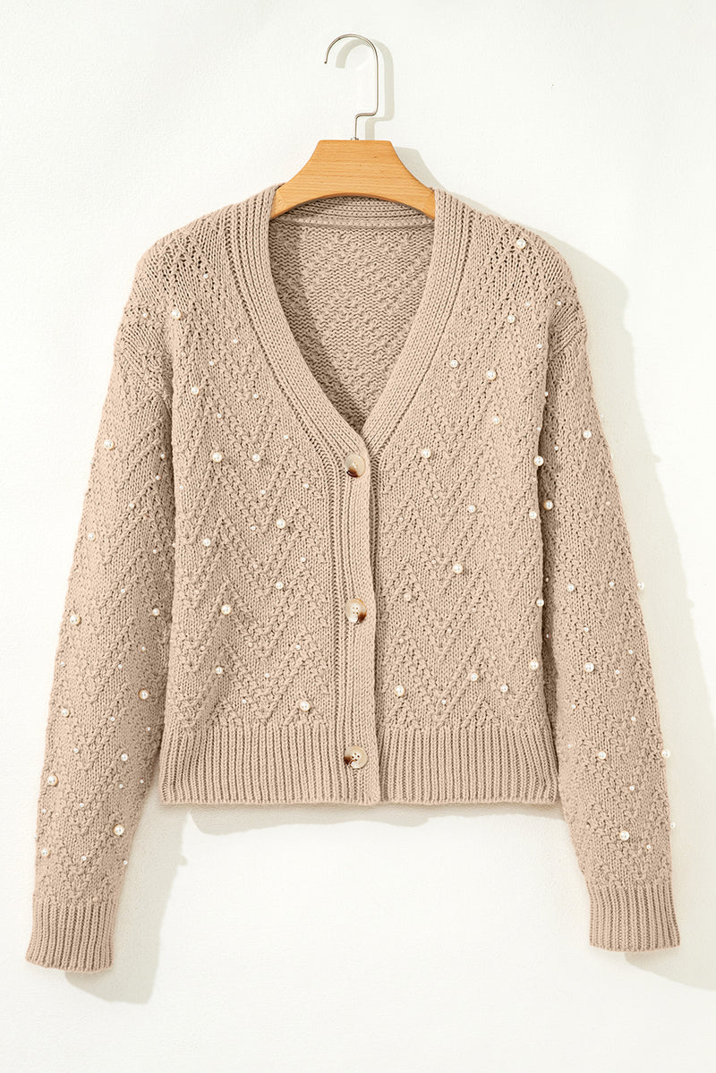 Pearl Embellished Button Front V Neck Sweater Cardigan
