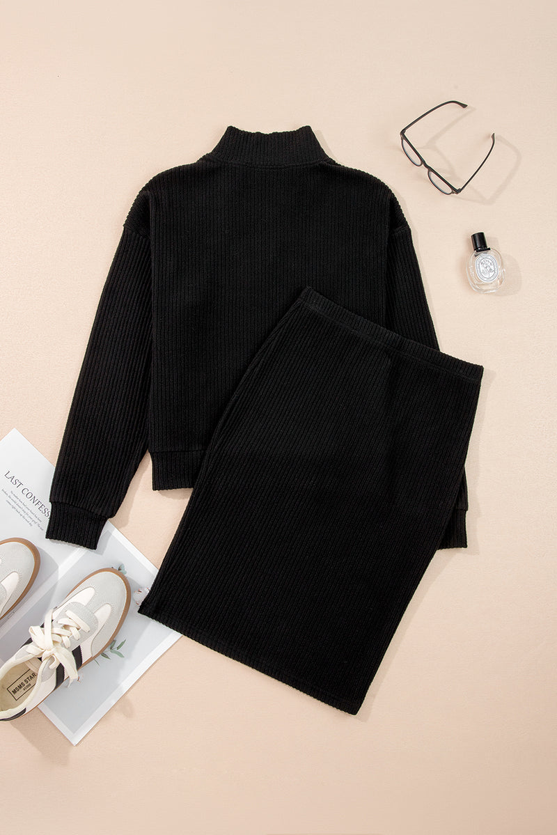 Ribbed Zip Stand Neck Drop Shoulder Pullover Bodycon Skirt 2pcs Set