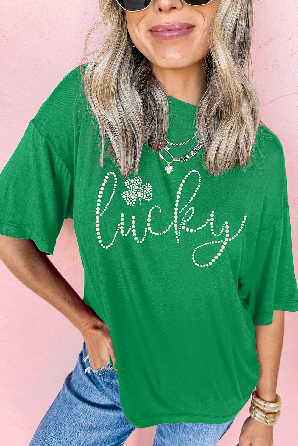Ceramic Rhinestone Lucky Clover Graphic Tee