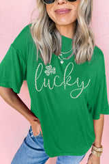 Ceramic Rhinestone Lucky Clover Graphic Tee