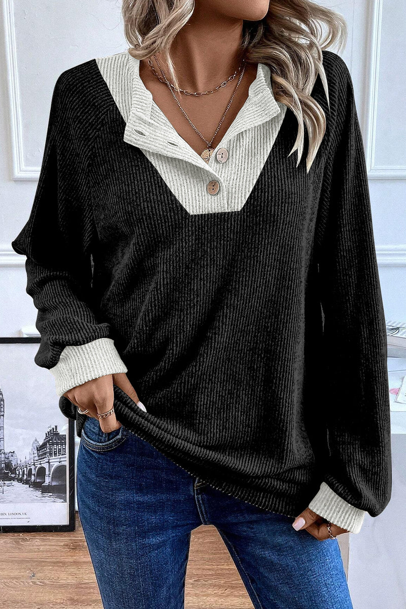 Color Contrast Ribbed Loose Fit Long Sleeve Top