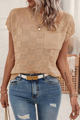 Solid Lattice Textured Knit Short Sleeve Sweater
