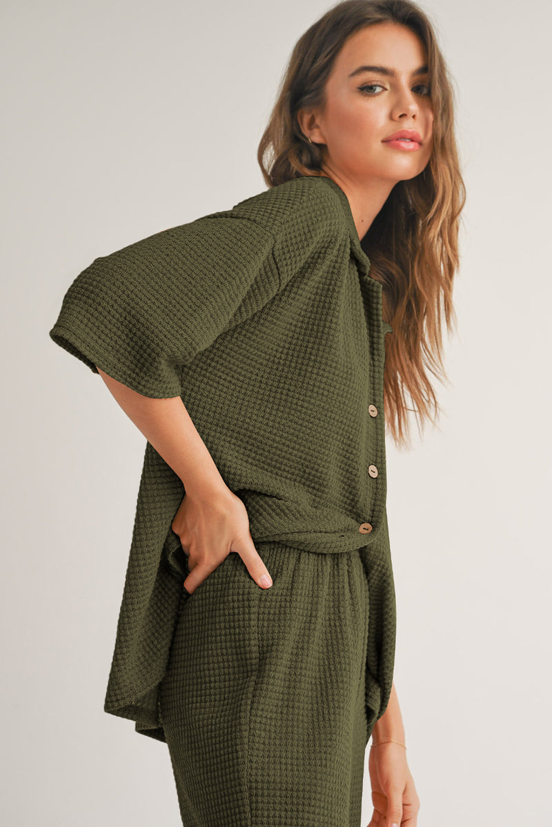 Textured Buttoned Shirt and Casual Pants Set
