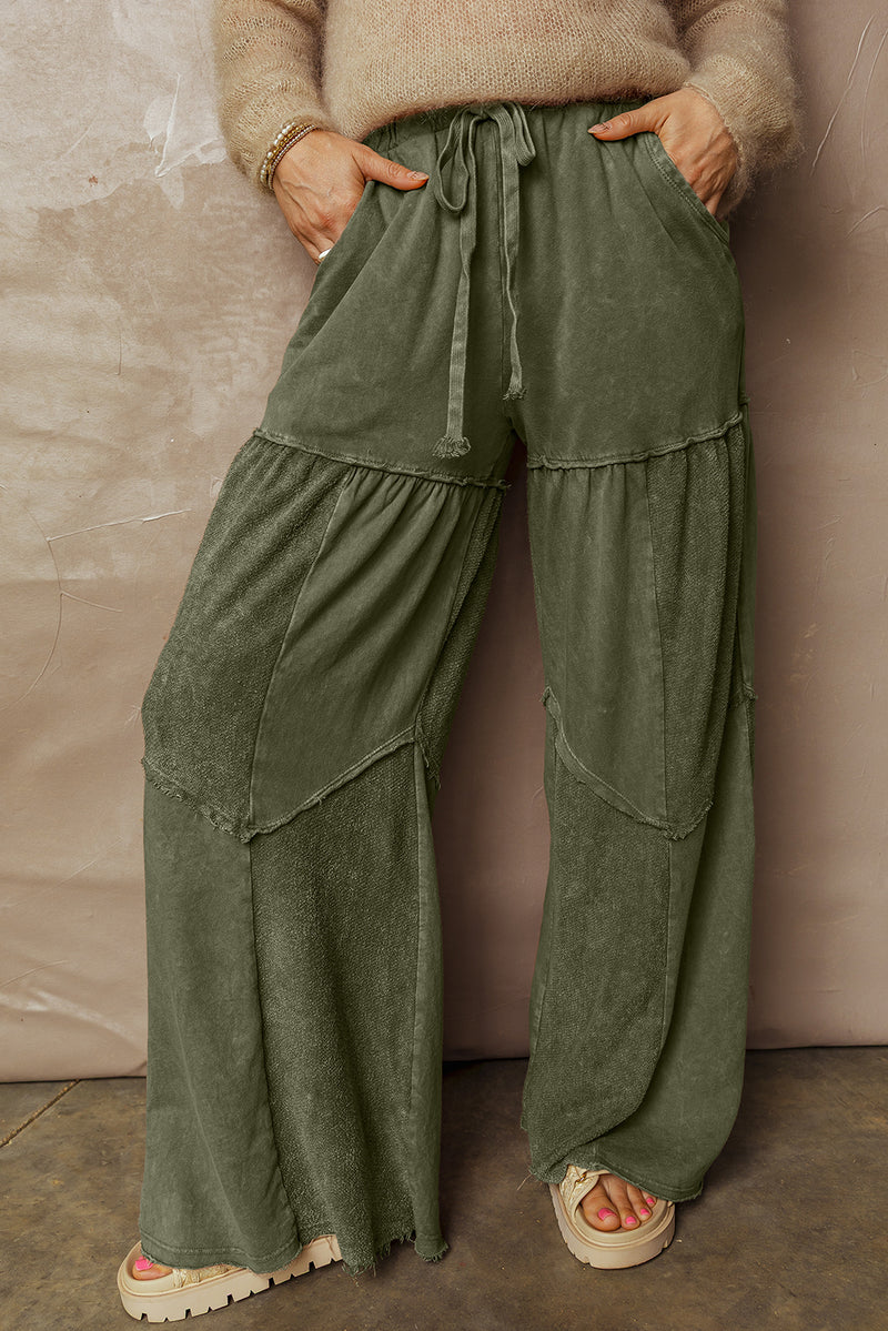 Mineral Wash Tiered Wide Leg Patchwork Drawstring Pants