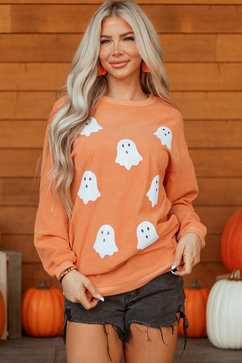 Twisted Ribbed Texture Halloween Ghost Sequin Patched Sweatshirt