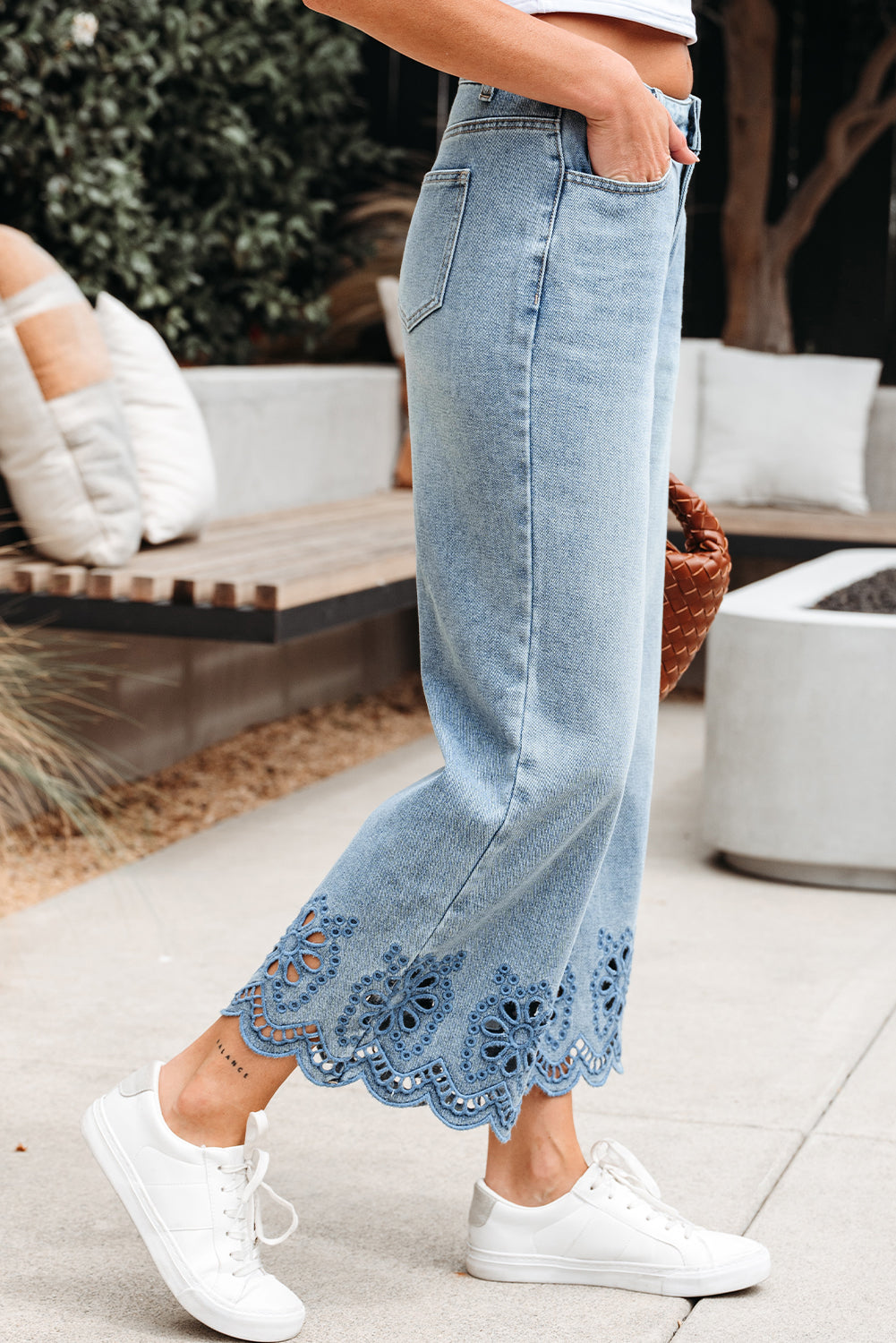 Embroidered Cropped Wide Leg High Waist Jeans