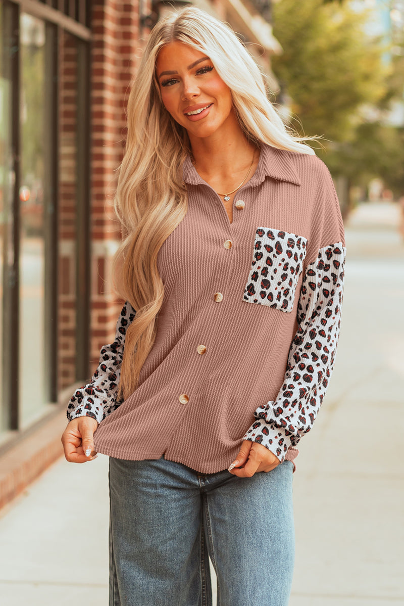 Leopard Patched Twisted Ribbed Western Casual Shacket