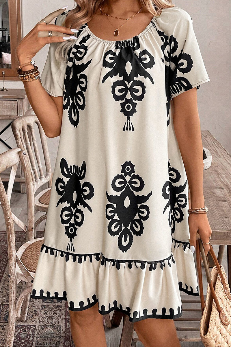 Western Print Ruffled Short Sleeve Loose Dress