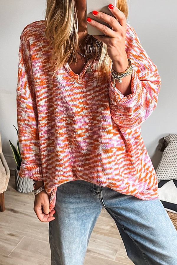 Vibrant Abstract Print Drop Shoulder V Neck Tunic Oversized Sweater