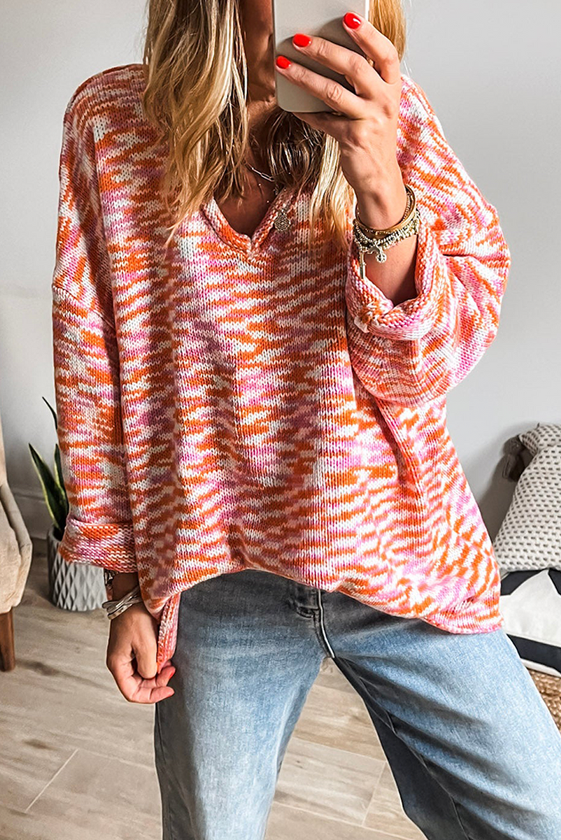 Vibrant Abstract Print Drop Shoulder V Neck Tunic Oversized Sweater