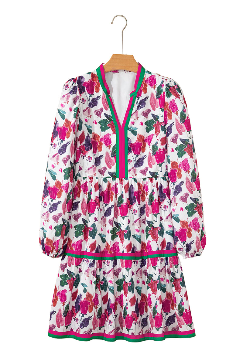 Floral Print Contrast Striped Detail Long Sleeve Mini Dress