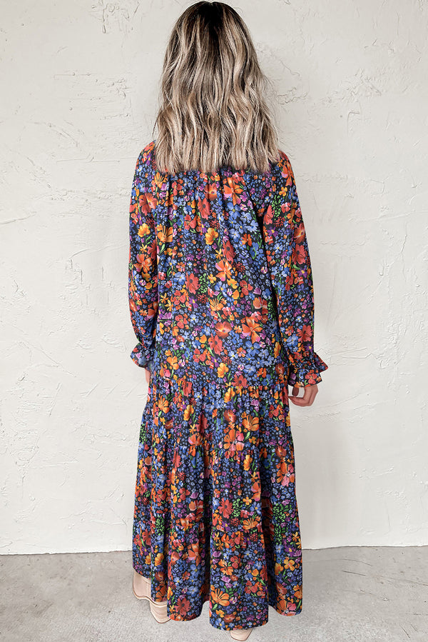 Print Tassel Tie V Neck Long Sleeve Flowy Long Dress