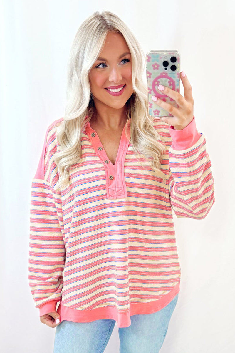 Stripe Buttoned V Neck Collared Drop Shoulder Top