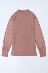 Striped Mesh Long Sleeve Crewneck Ribbed Top