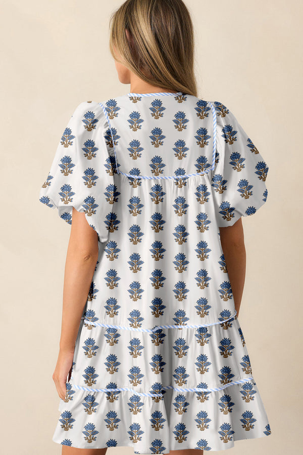 Floral Puff Sleeve Tied Neck Pocketed Mini Dress