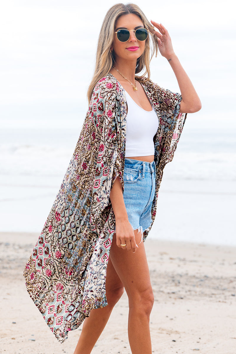 Floral Print Short Wide Sleeve Open Front Loose Kimono
