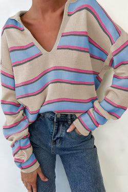 Parchment Stripe Collared V Neck Drop Shoulder Loose Sweater