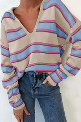 Parchment Stripe Collared V Neck Drop Shoulder Loose Sweater