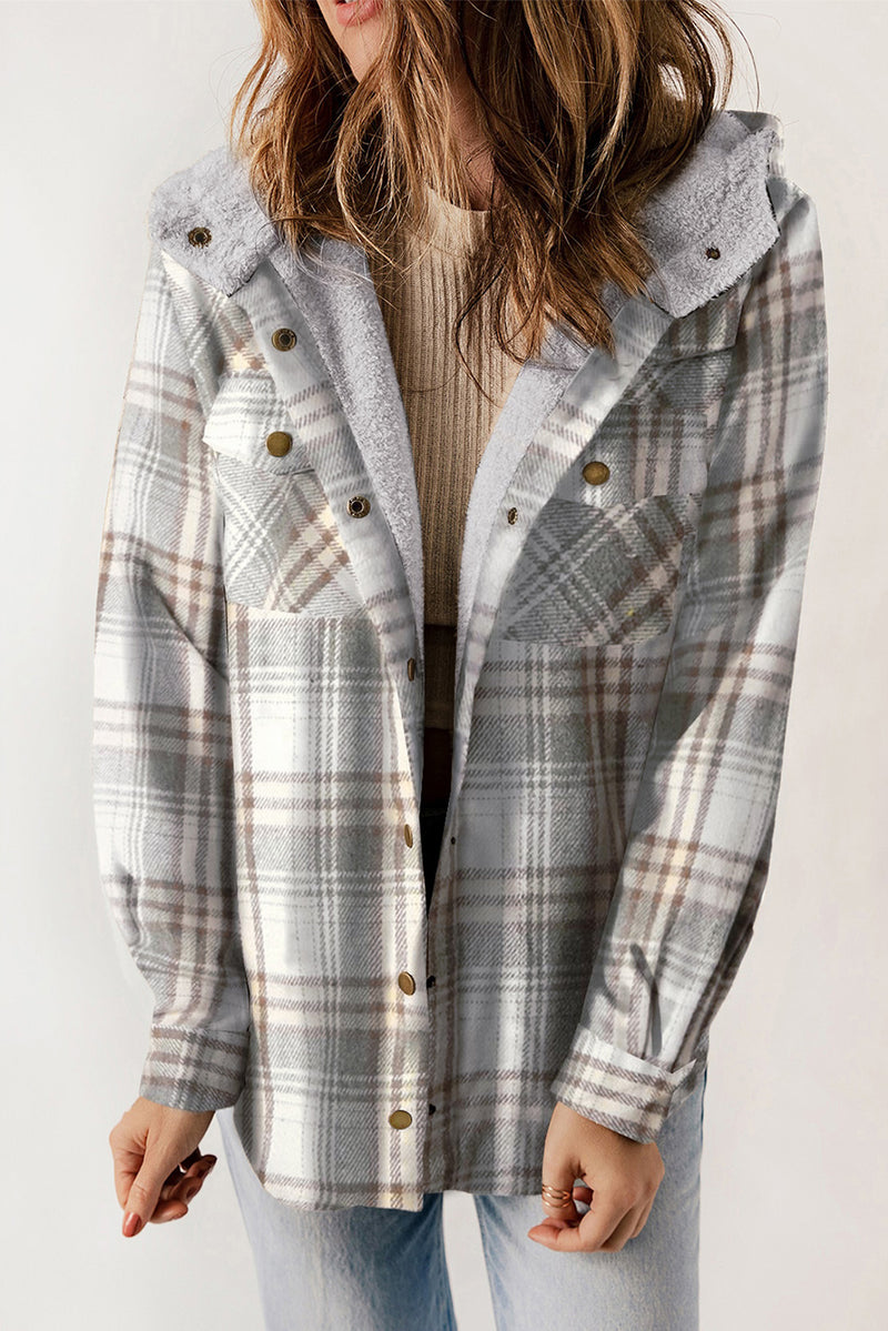 Coats and Jacket Plaid Pattern Sherpa Lined Hooded Shacket