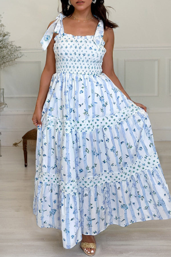 Tie knot Floral Smocked Tied Straps A-Lined Tiered Maxi Dress