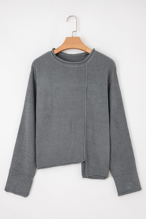 Medium Raw Edge Uneven Hem Patchwork Drop Shoulder Sweater