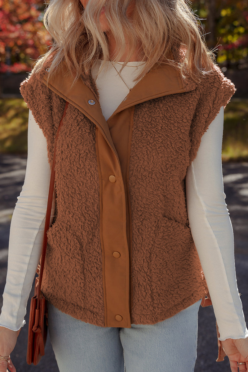 Faux Fur Snap Button Front Knot Side Plush Vest with Pockets