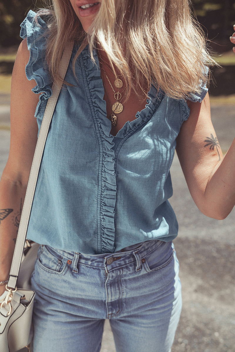 Frilly Ruffle Trim V Neck Chambray Tank Top