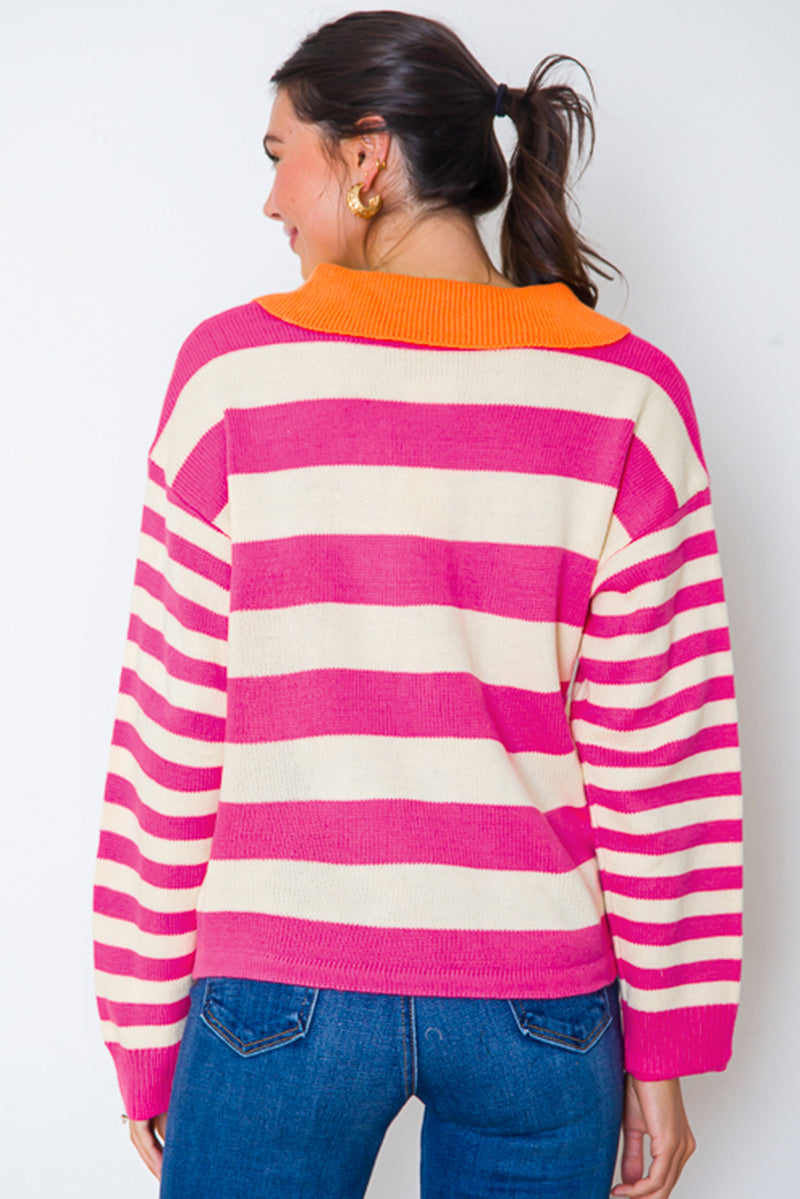 Stripe Color Block Collared V Neck Drop Shoulder Sweater