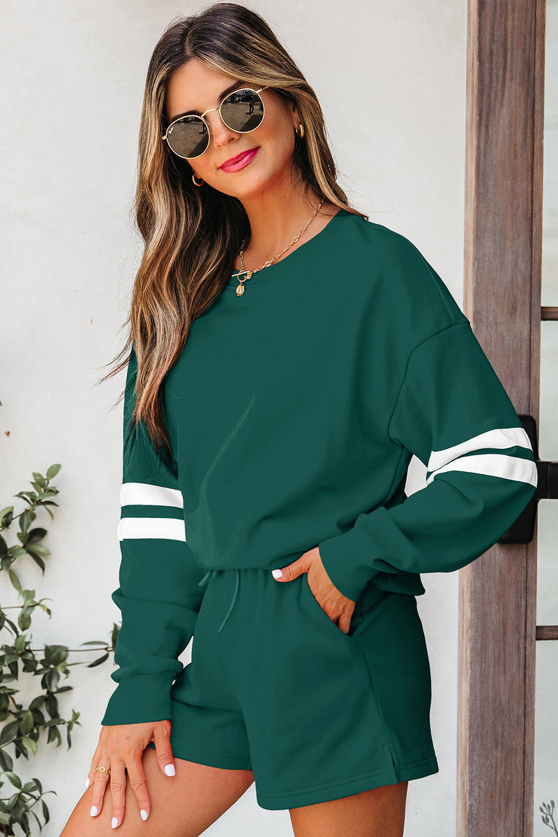 Solid Varsity Striped Sleeve Drop Shoulder Sweatshirt and Short Set