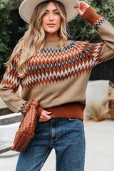 Aztec Print Colorblock Crew Neck Sweater