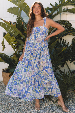 Floral Print Self-tie Straps Flowy Ruffle Long Dress