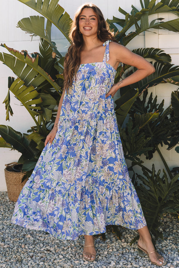 Floral Print Self-tie Straps Flowy Ruffle Long Dress