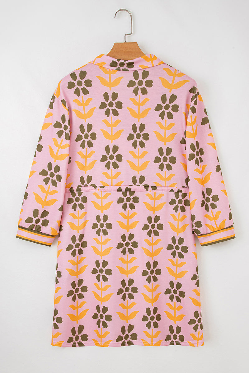 Floral Print Zip Neck Striped Patchwork Long Sleeve Drawstring Dress