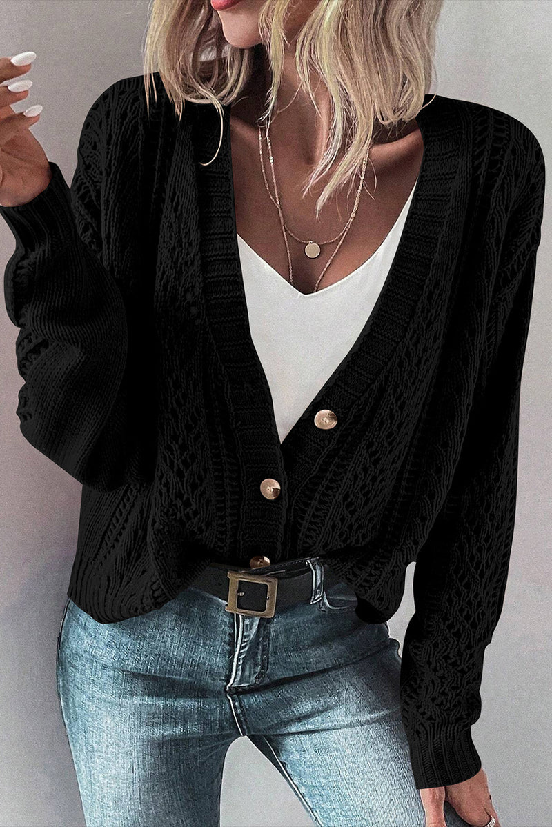 Solid Open Knit Drop Shoulder Sweater Cardigan