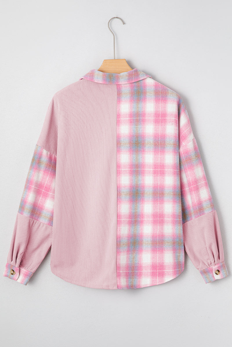 Brushed Plaid Corduroy Flap Pockets Patchwork Shacket